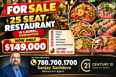 RESTAURANT FOR SALE – LAUREL, EDMONTON NOW ONLY $149,000! Excellent opportunity to own a 25-seat res...