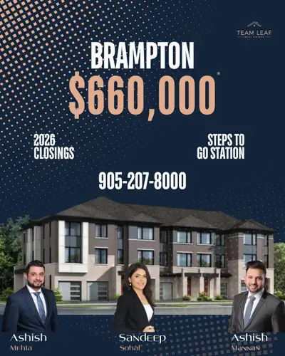 Brampton Townhomes from $660,000! Steps to Mount Pleasant GO Station – Unmatched Connectivity! 3 Bed...