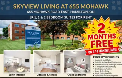 SKYVIEW HAWK APARTMENTS - 655 MOHAWK ROAD EAST, HAMILTON, ON SIGN A 14 MONTH LEASE GET 2 MONTHS FREE...