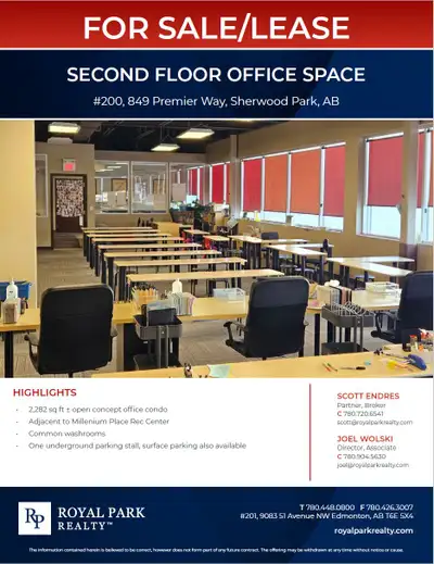 2,282 sq ft open concept office condo Adjacent to Millenium Place Rec Center Common washrooms One un...