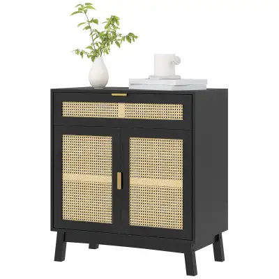 Boho Sideboard Storage Cabinet with Rattan Doors, Black, View more