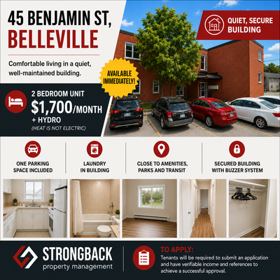 2 Bedroom Apartment Available Immediately! 45 Benjamin Street, Belleville Move into this bright and...