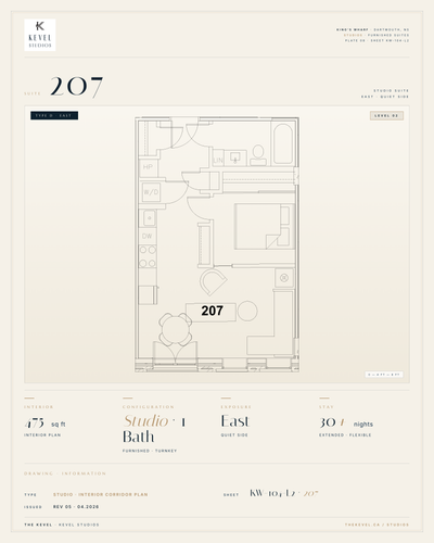 1 Bedroom Suite · 475 sq ft Kevel Studios — Suite 207 Furnished, turnkey residence at 16 Kings Wharf...