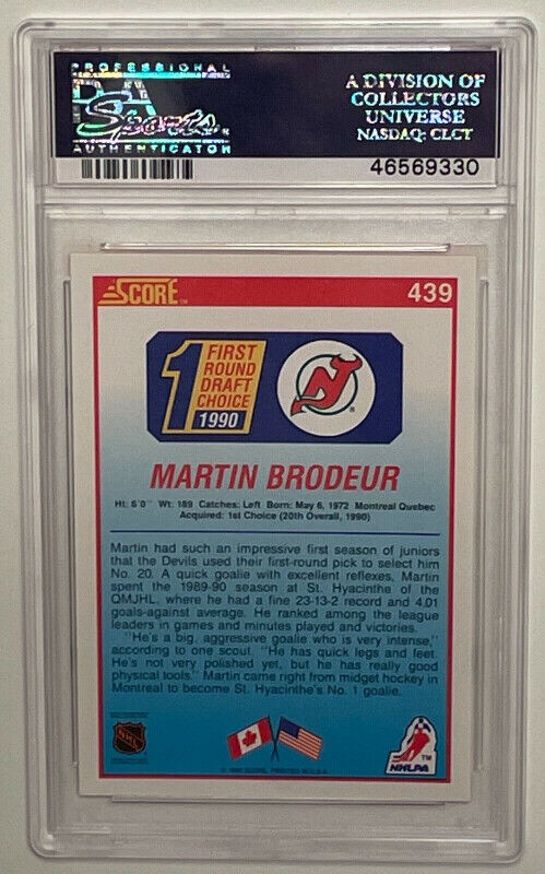 MARTIN BRODEUR 1990 SCORE ROOKIE CARD PSA 10 GRADED HOCKEY CARD in Arts & Collectibles in City of Toronto - Image 2