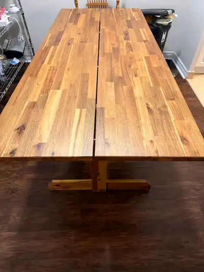 Made of Acacia wood. Purchased at IKEA in 2024. Replacing with a smaller table. Length: 140 cm (55 1...