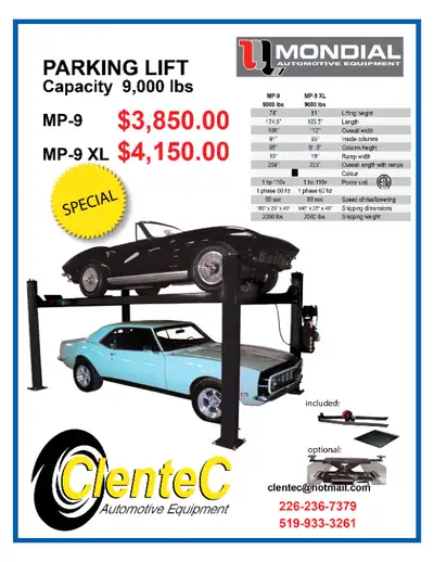 PARKING LIFT / STORAGE LIFT 4 POST LIFT 4 POST HOIST MONDIAL MP9 - $3850.00 + HST or MONDIAL MP9XL -...