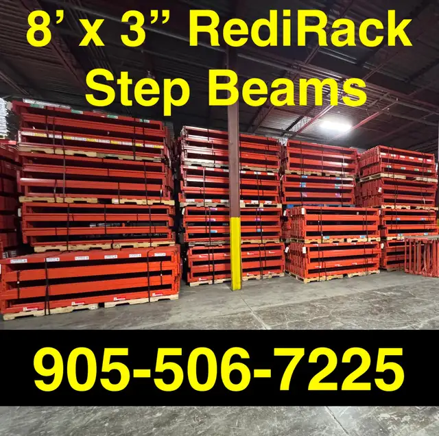 Used 8’ long x 3” thick RediRack pallet racking beams available