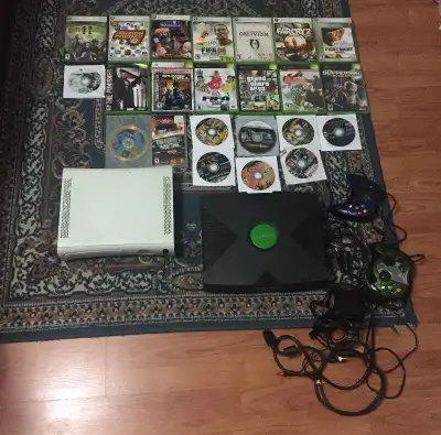 Xbox 360 & Xbox console with games controllers & psp game, View more