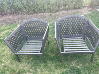TWO BULKY OUTDOOR PATIO LAWN LOUNGE CHAIRS WITH NO CUSHIONS