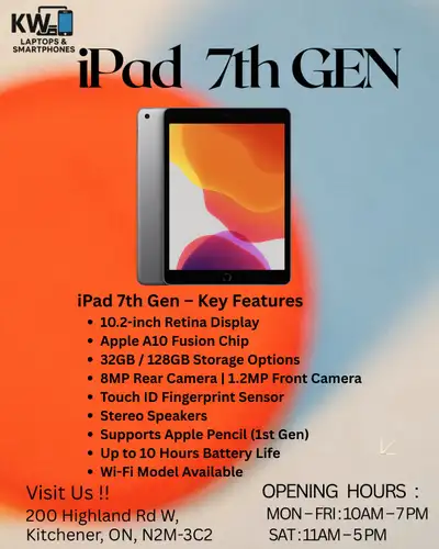 iPad 7th Gen – Key Features 10.2-inch Retina Display Apple A10 Fusion Chip 32GB / 128GB Storage Opti...