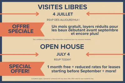 1 Month Free Rent Open House Visitez notre site Web : https://www.capreit.ca/fr/appartements-a-louer...