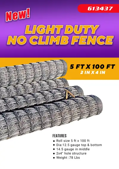 NEW 5 FT X 100 FT 2 X 4 LIGHT DUTY NO CLIMB FENCE 613437 SALE $179.95 EA CHECK OUT OUR WEBSITE: http...