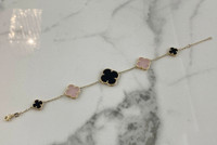 NEW! 10K Gold Clover Bracelet - Rose Quartz/Onyx