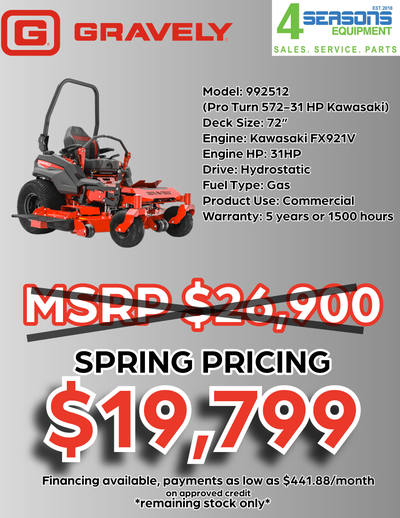 4 Seasons Equipment is an AMVIC Licensed Business 2023 GRAVELY PROTURN 572 Mower $19,799 Call Todd 7...