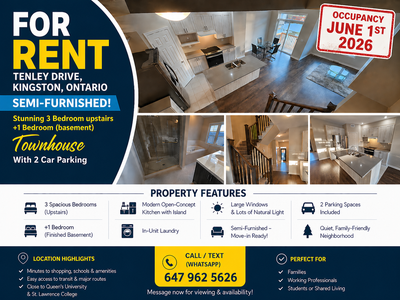 SEMI FURNISHED! Stunning 3 Bedroom upstairs +1 Bedroom (basement) Townhouse With A 2 car parking. Th...