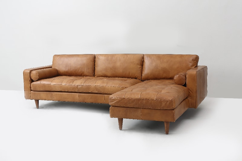 MidCentury Tan 100 Genuine Leather Tufted Sofa RHF Sectional