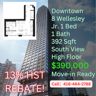 Downtown South-Facing Studio 8 Wellesley Street West 392 sqft + high floor, unobstructed view, full...