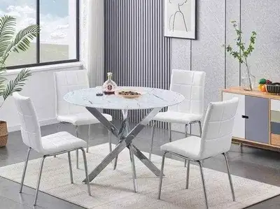 Modern White Marble Dining Set - 5 Pieces, View more