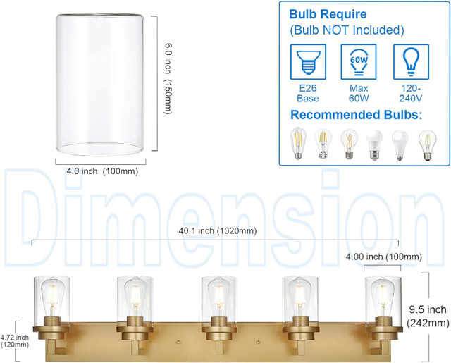 Gold Vanity Lights for Bathroom 40 Inches Length 5Light in Electrical in Edmonton - Image 4