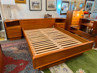 Mid century modern Teak queen size bed drawers & nightstands