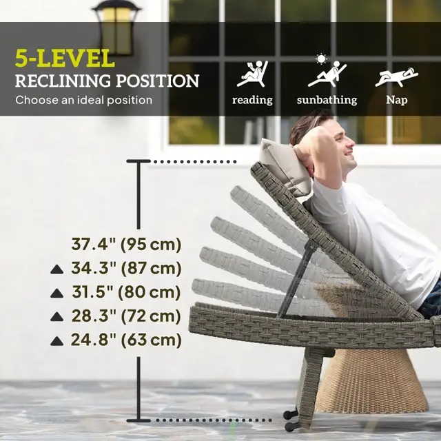 Rattan Folding Outdoor Lounger Chair Recliner with 5-Level Adjus in Patio & Garden Furniture in City of Toronto - Image 5