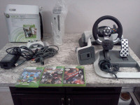 XBOX CONSOLE AND STEERING WHEEL