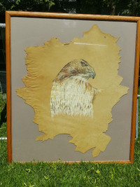 Rare-Ojibwe Golden Eagle Bust Oil Painting on Buckskin Leather