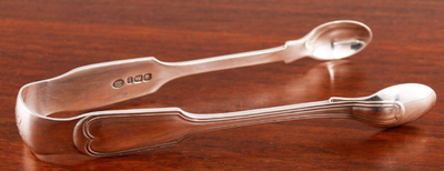 Vintage ENGLISH STERLING SILVER SUGAR TONGS FIDDLE THREAD 1700c MONOGRAM HP English Antique Silver P...