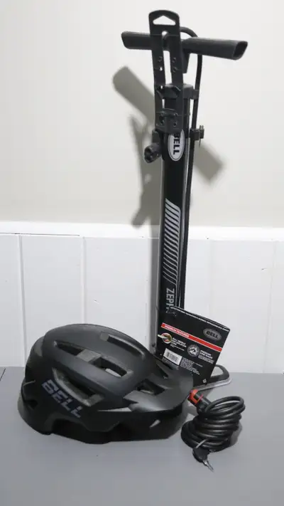 AVAILABLE IF POSTED, please reply with day/time to view, thank-you. Bell adult helmet, pump and lock...
