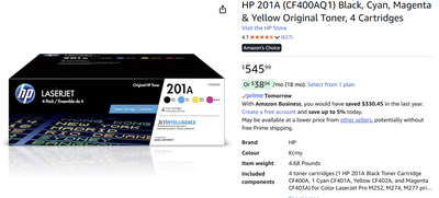 HP 201A - 4PACK. Black, Magenta, Yellow Cyan., View more