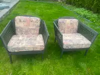TWO BULKY OUTDOOR PATIO LAWN LOUNGE CHAIRS WITH CUSHIONS