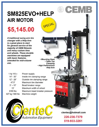 TIRE CHANGER with ASSIST ARM CEMB SM825EVO PROFESSIONAL GRADE SPECIAL PRICE - $5,145.00 + HST A prof...