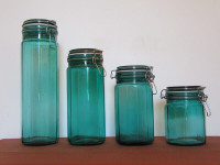 Set of 5 Vintage Green Glass Kitchen Jars Containers, w/Lid