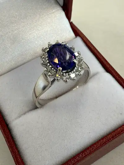 14K White Gold Amethyst & Diamond Halo Ring, View more