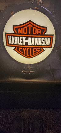 Vintage Harley Davidson Gas Pump Globe on Lit Stand