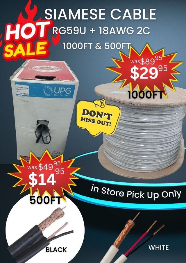 Blow Out Sale! SIAMESE COAXIAL CABLE RG59 + 18AWG 2 C 500/1000ft in General Electronics in Guelph
