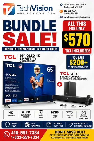 TCL 65" Q CLASS 4K QLED SMART TV WITH TCL SOUND BAR ON SALE, View more