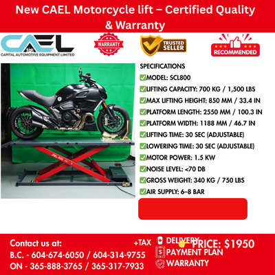 New CAEL Motorcycle lift Certified &Warranty &Finance 1950 CAEL SCL800 Motorcycle Lift Power, Precis...