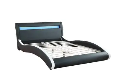 NEW MODERN BONDED LEATHER LED BED FRAME BLACK 18971B, View more