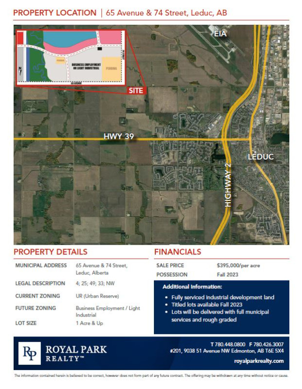 BUSINESS/LIGHT INDUSTRIAL LOTS IN LEDUC in Land for Sale in Edmonton - Image 2