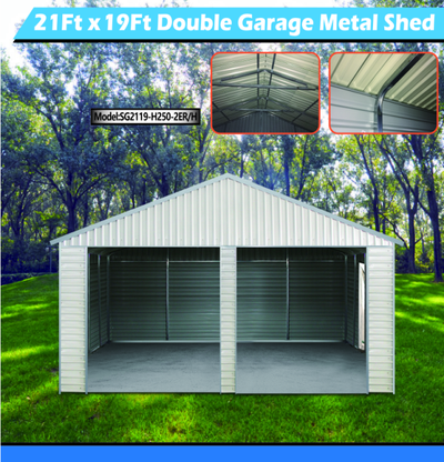 NEW 21 FT X 19 FT DOUBLE METAL GARAGE SHED/ROLL UP DOORS SG2119, View more