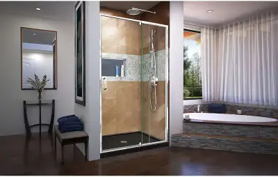 DreamLine Flex 32 in. D x 42 in. W x 74 3/4 in. H Semi-Frameless Pivot Shower Door in Chrome with Ce...