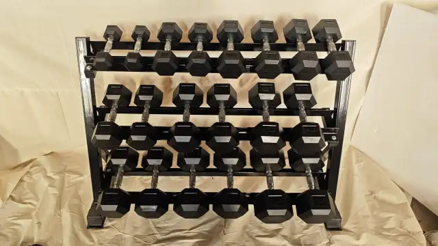 NEW 5-50 LB RUBBER HEX DUMBBELL WEIGHT SET & STAND 7225021 in Exercise Equipment in Prince Albert - Image 4