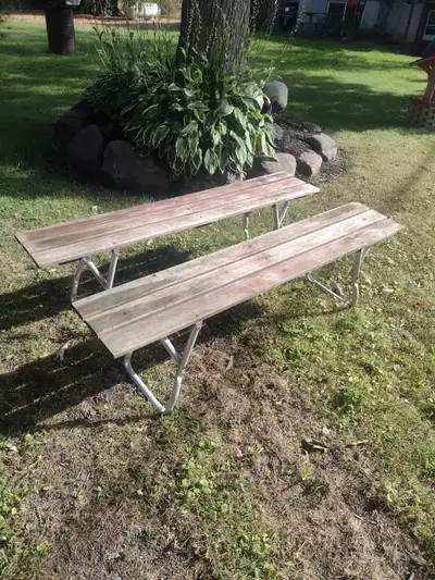2 wood and metal 5' benches, View more