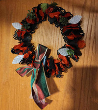 Wreath, 13",  Elegant black lace paper, satin red flower petals,