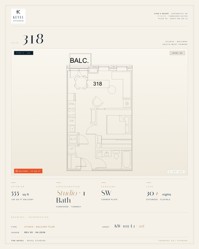 1 Bedroom Suite · 555 sq ft Kevel Studios — Suite 318 Furnished, turnkey residence at 16 Kings Wharf...