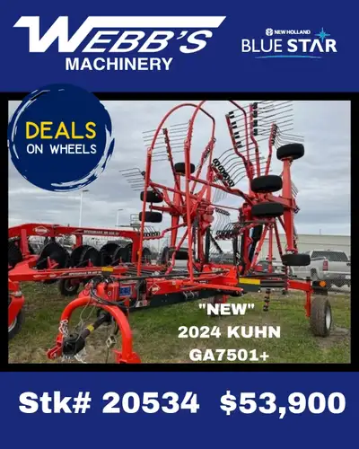 2024 KUHN GA7501+ RAKE "NEW" Wheel Set 10/75-15.3, PTO, Hyd Adj OF Working Width, Limiting Chain, We...