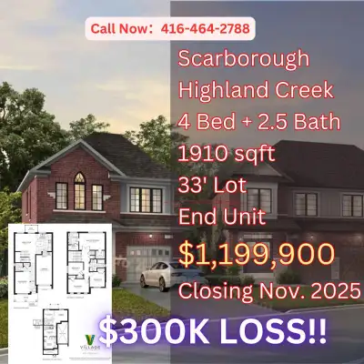 Highland Creek Detached Home Assignment – Rare Corner Lot! $300K LOSS!! CONTACT NOW Scarborough – Th...