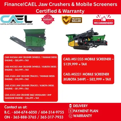 Finance! New CAEL Jaw Crushers & Mobile Screeners Certified & Warranty 26,499 CAEL Jaw Crushers & Mo...