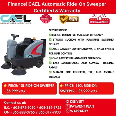 Finance! CAEL Automatic Ride-On Sweeper Certified & Warranty 5,999 CAEL Automatic Ride-On Sweeper Ma...